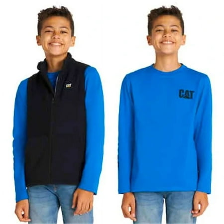 Caterpillar Boys Fleece Vest & Long Sleeve T-Shirt Black & Blue M 10/12