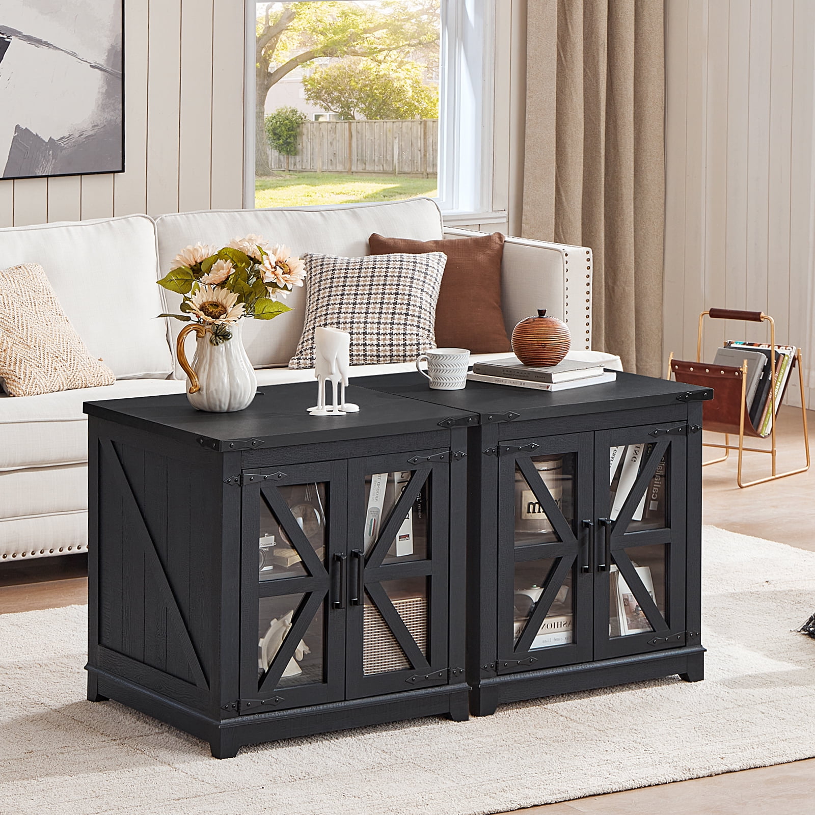 Side Table with Charging Station, End Table with Storage Night Stand with USB Ports and Outlets Small Wooden Cabinet for Living Room and Bedroom Espresso, Black