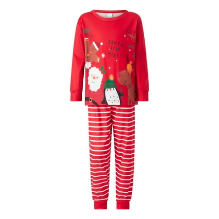 

Christmas Parent-Child Family Pajamas Long Sleeve Cartoon Letters Striped Print Crew Neck Tops+ Long Trousers Set/Romper Sleepwear
