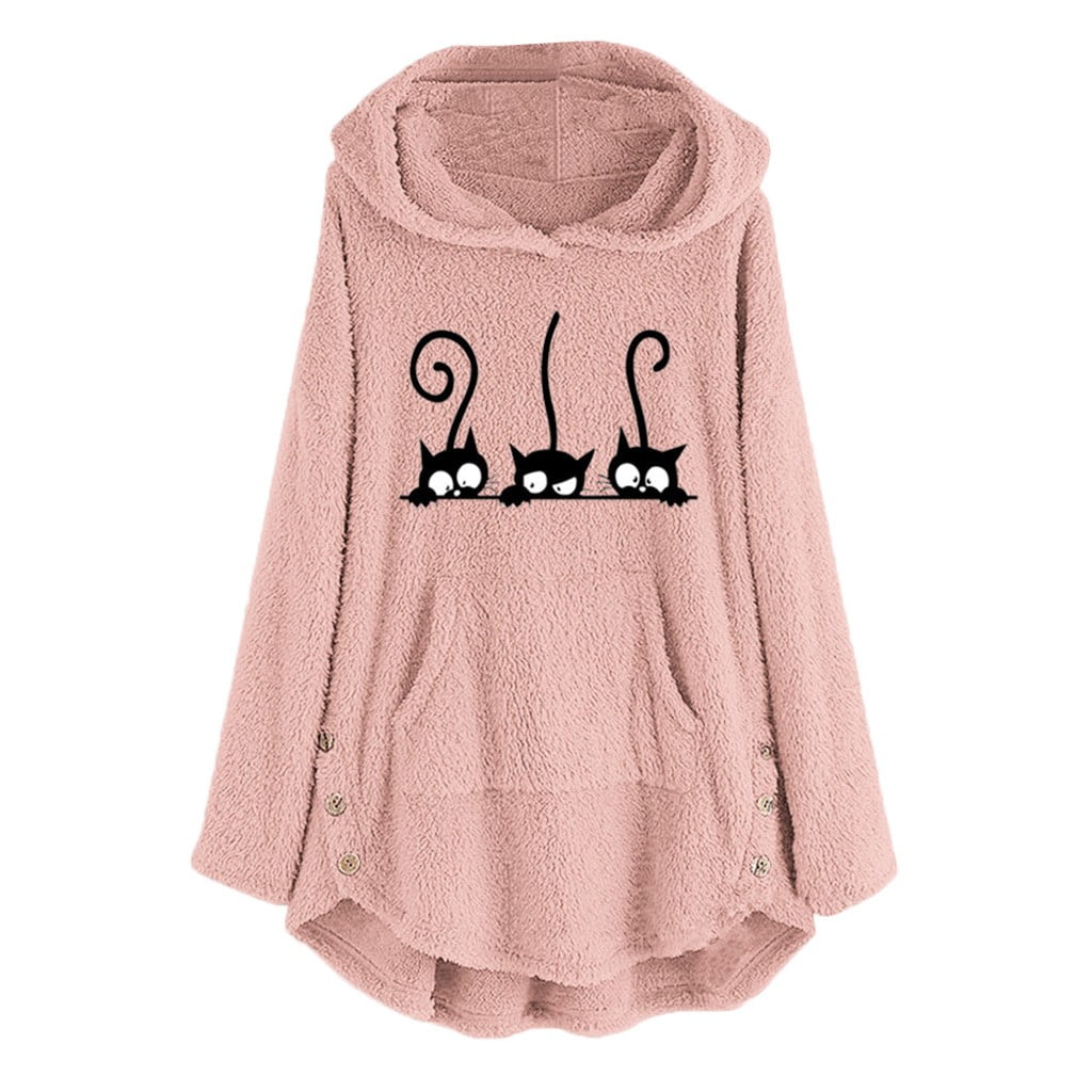 Womens Sweater Fleece Embroidery Cat Ear Plus Size Hoodie Pocket Top Blouse