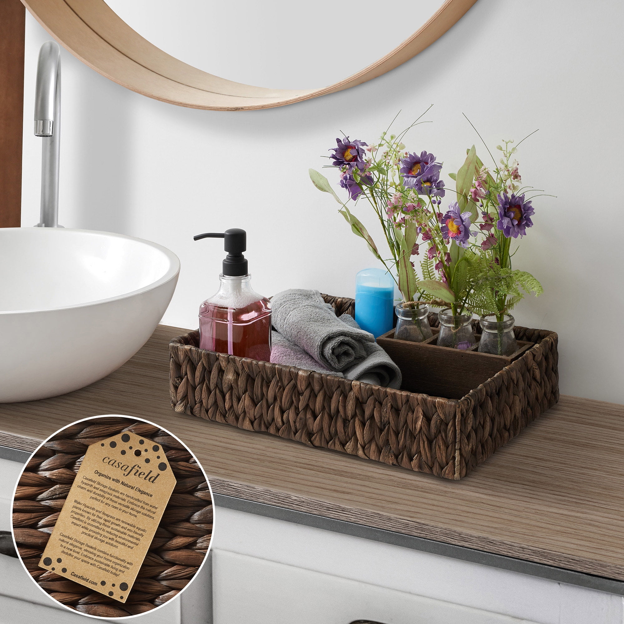 Casafield Bathroom Storage Baskets - Set of 2, Espresso - Water Hyacinth, 15.75" W x 11.25" D x 3.25" H, Woven Toilet Paper, Tissue, Shelving Bins