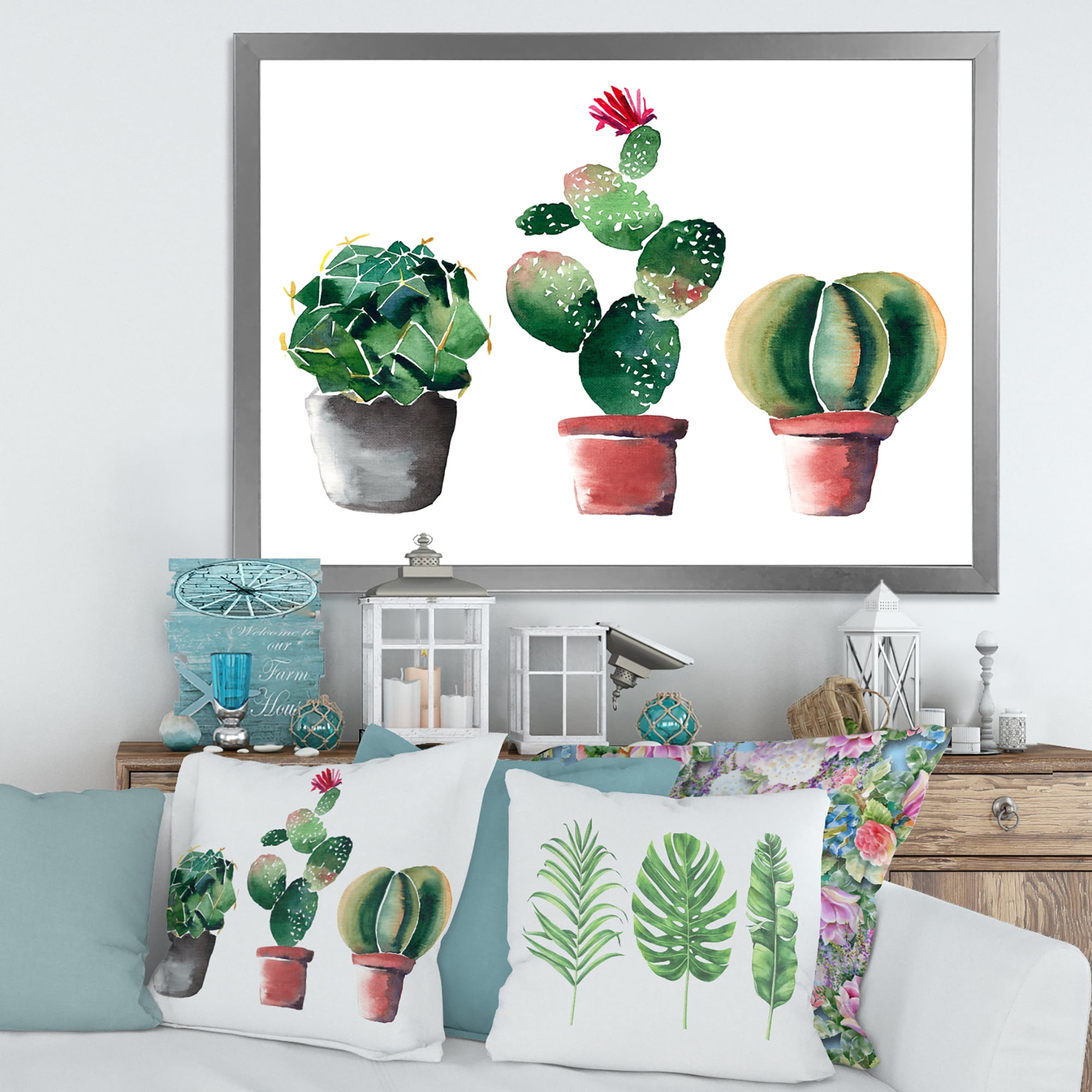 Designart 'Three Cacti In Clay Pots On White' Traditional Framed Art Print