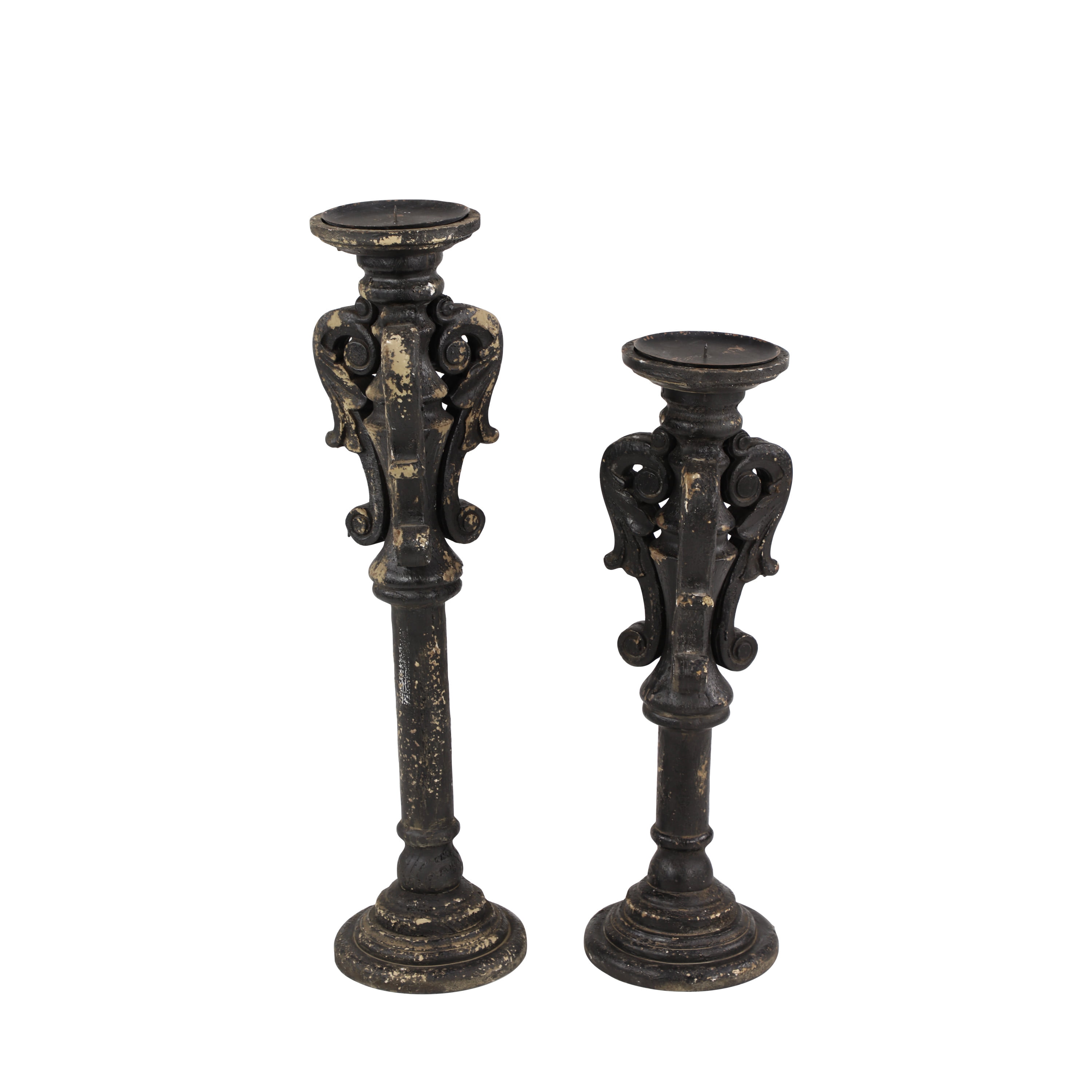 27” H 2 Antique Style Wrought Iron Pillar Candleholders Distressed Finish 22” 