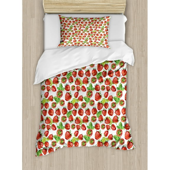Fruit Duvet Cover Set, Vibrant Strawberry Watercolor Yummy Fruits Art, Decorative 2 Piece Bedding Set with 1 Pillow Shams, Twin Size, Lime Green Red, by Ambesonne