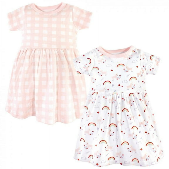 Luvable Friends Baby and Toddler Girl Cotton Short-Sleeve Dresses 2pk, Unicorn, 0-3 Months