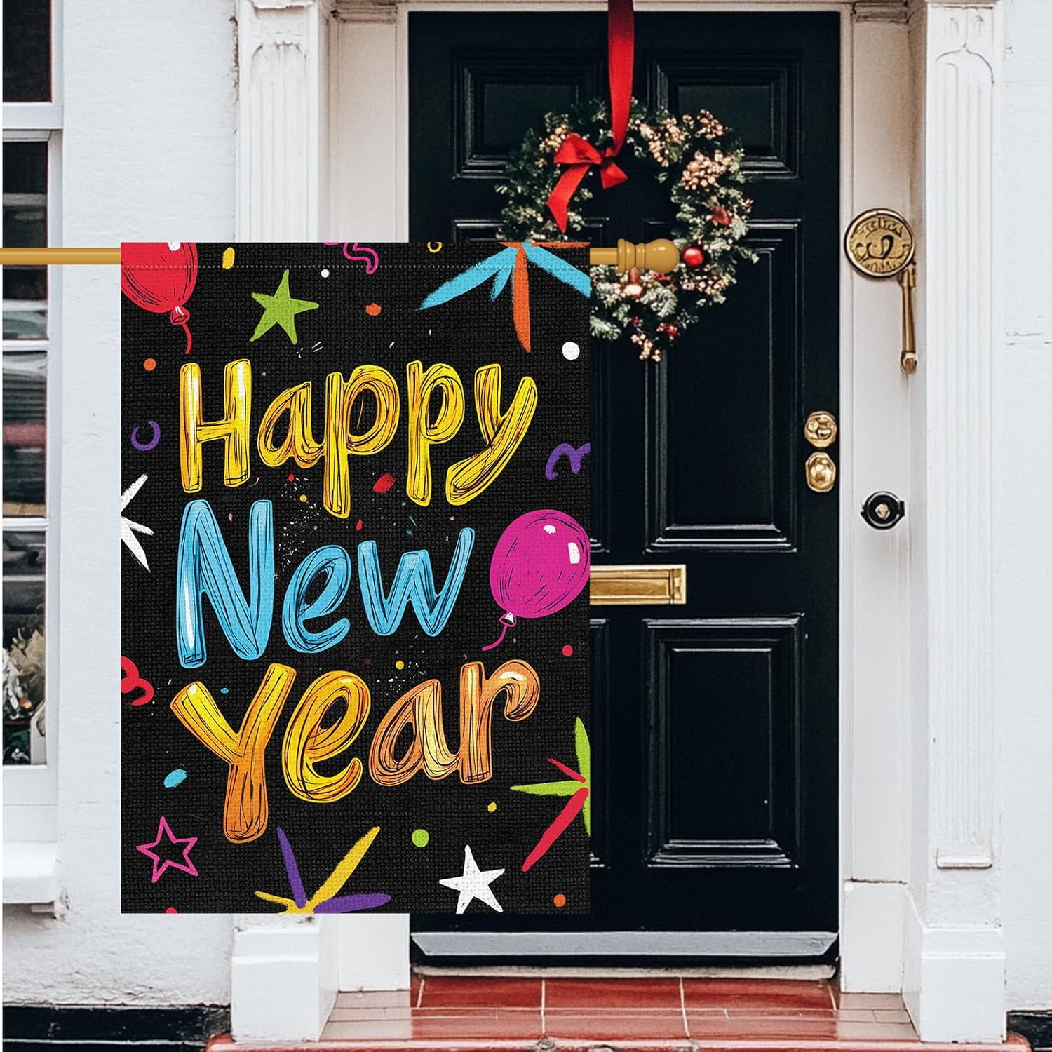 Happy New Year Garden Flag 28x40 Inch Double Sided Ballon Small Burlap Welcome Winter Holiday Yard Outdoor Flag Outside House Decoration (Only Flag)
