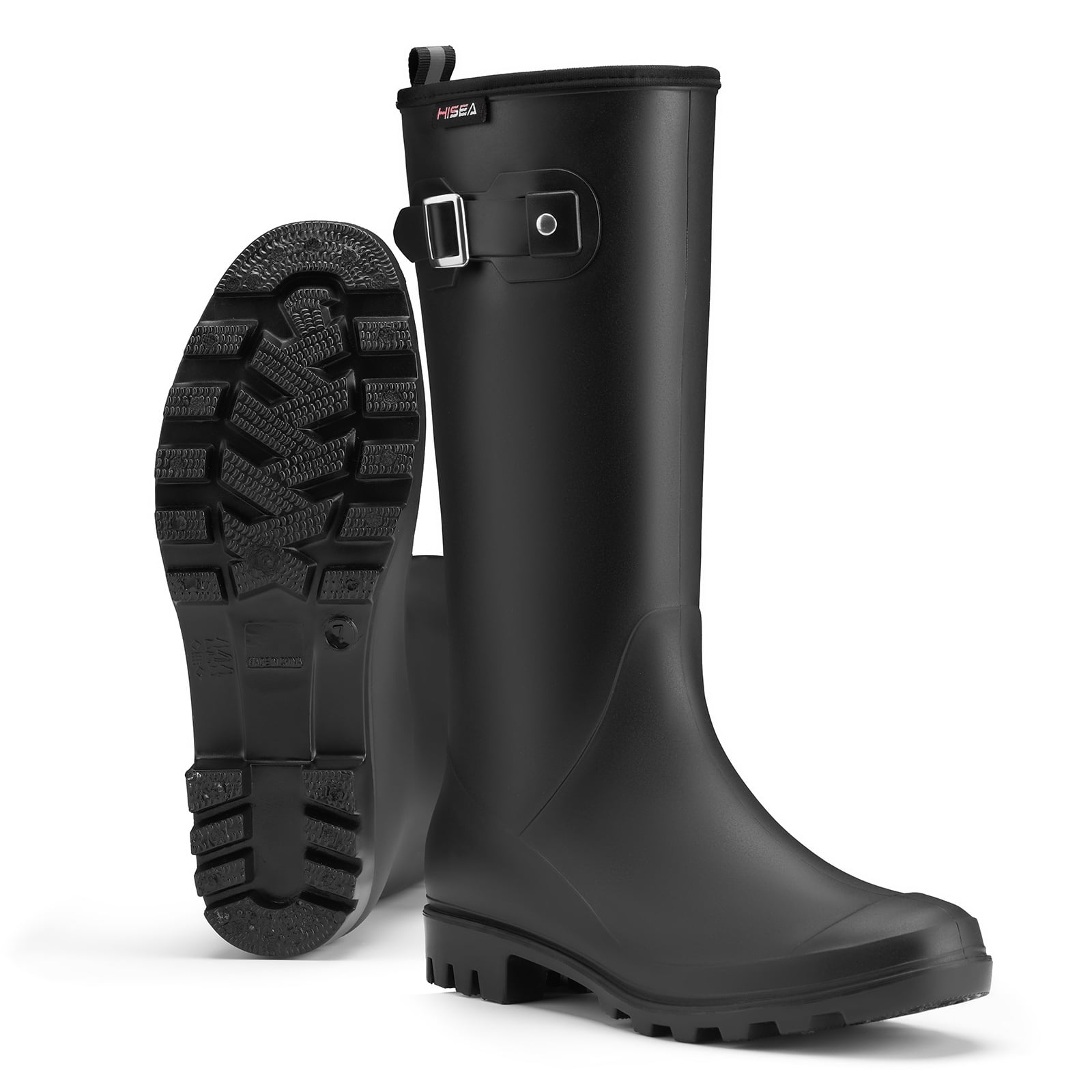 HISEA Women's Slim Calf Waterproof Tall Rain Boots, Anti-Slip PVC Rubber Boots with Comfortable Insole for Outdoor Work & Walking，Black，Size 10