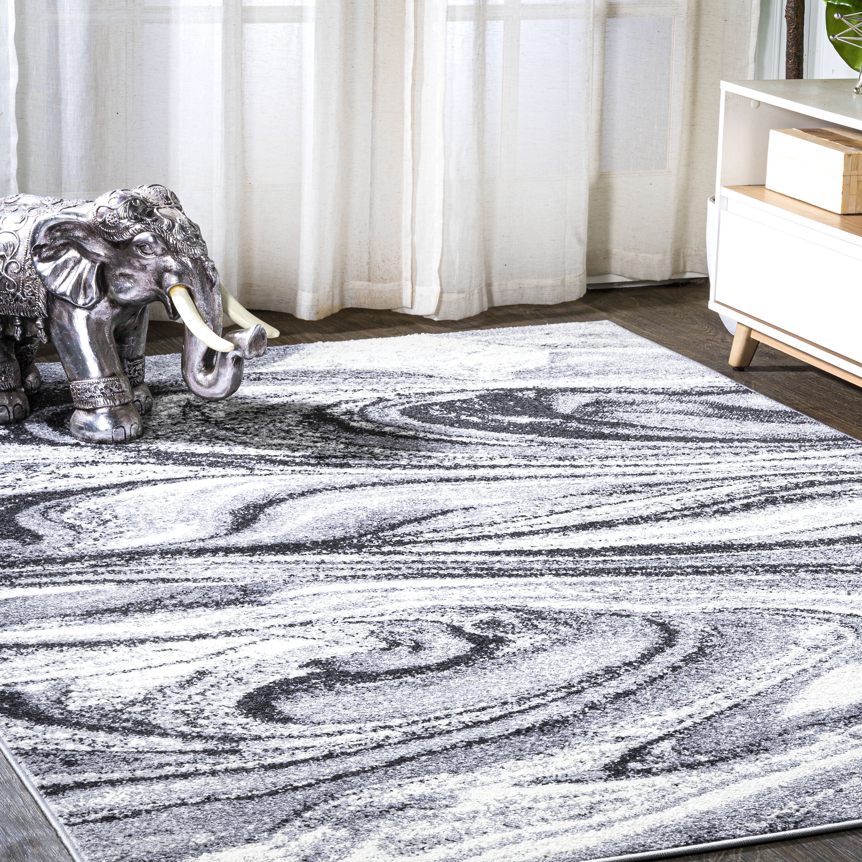 5'x 8' Viscon Abstract Marble Contemporary Area Rug, Light Gray/Black