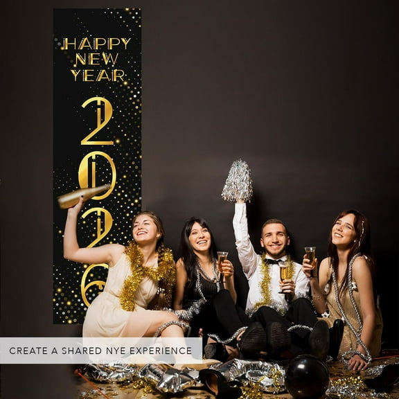 Koyal Wholesale 47x13 Happy New Year Banner Vertical Black Gold Confetti NYE Décor