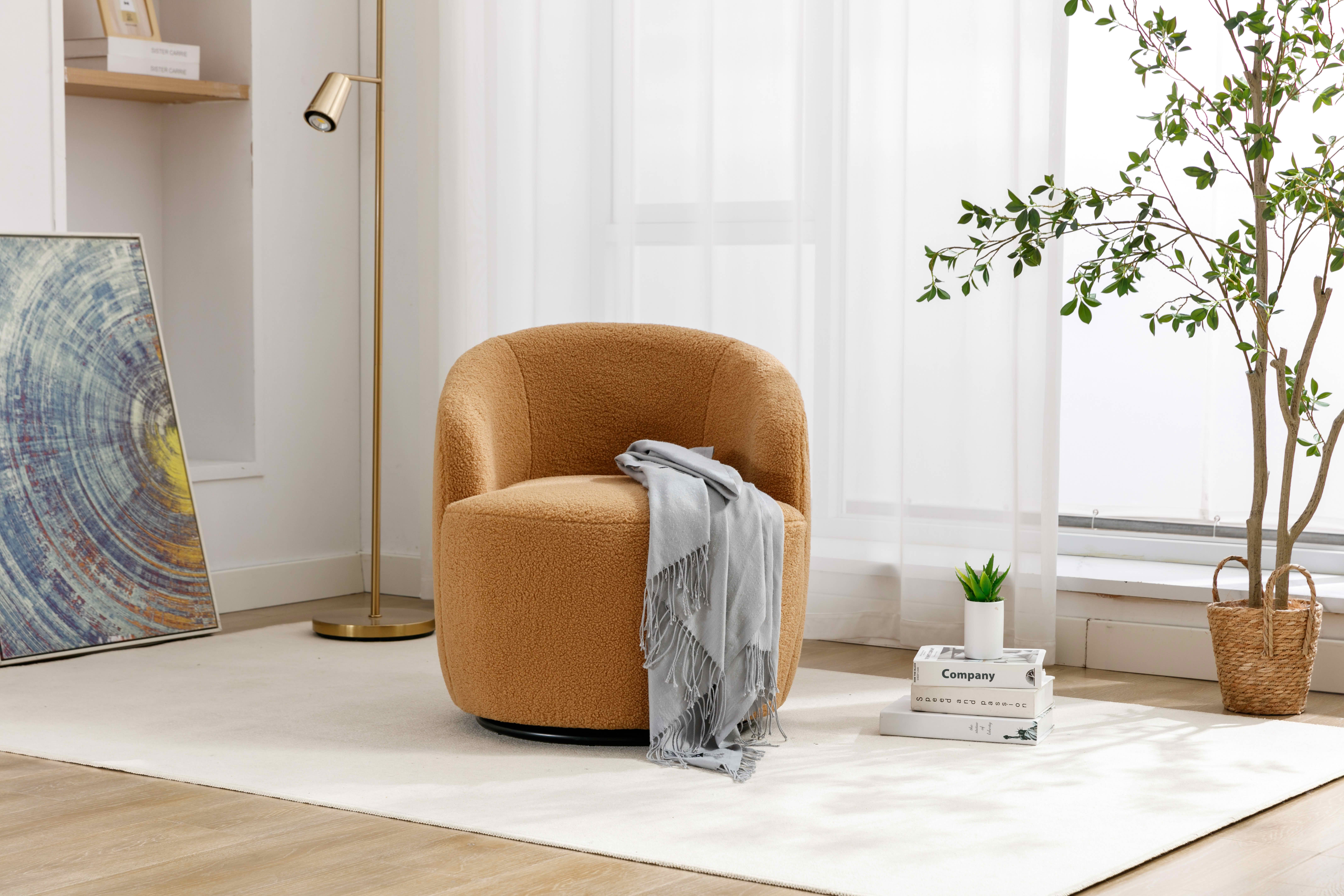 MAYEERTY Teddy Fabric Swivel Accent Armchair Barrel Chair, with Black Powder Coating Metal Ring, Khaki