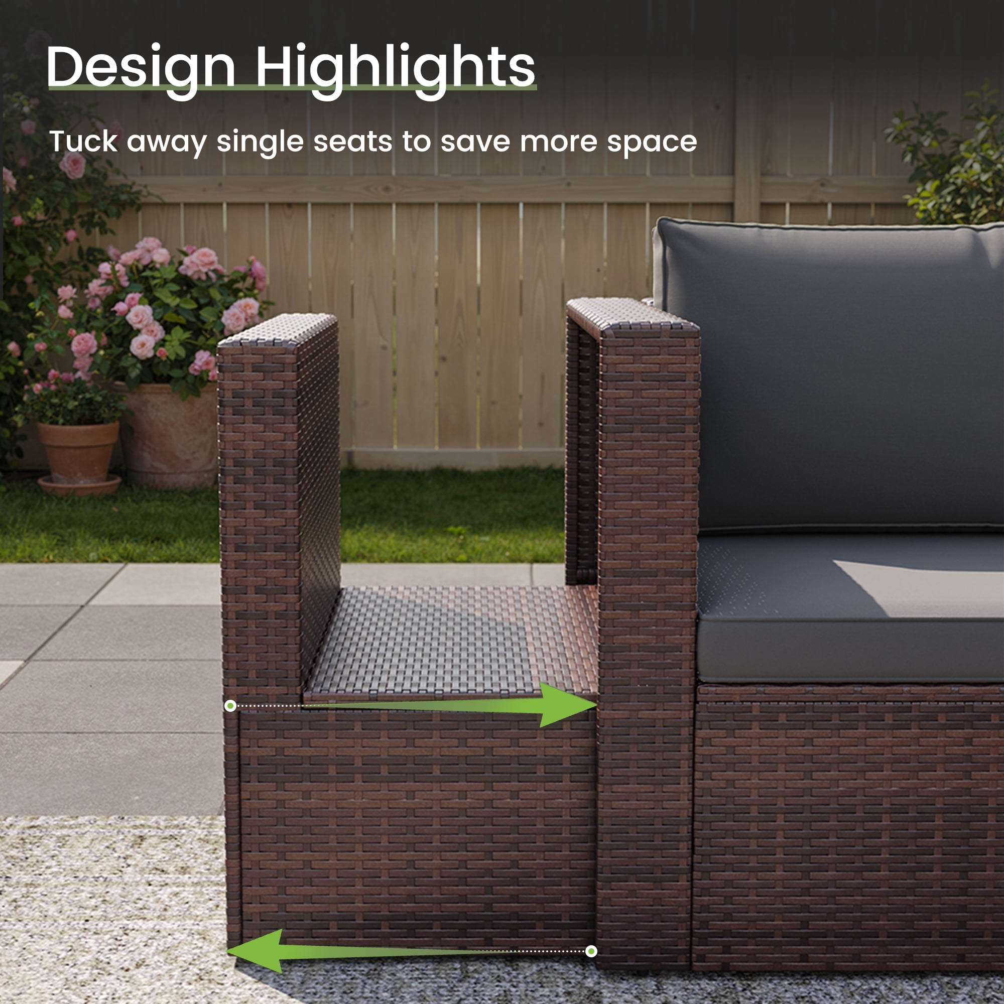 POTEBAN 6-Piece Space-Saving Patio Furniture Set, All Weather Brown Wicker Rattan Sectional Sofa with 2 Ottomans, Outdoor Conversation Set for Garden, Backyard, Gray Cushions