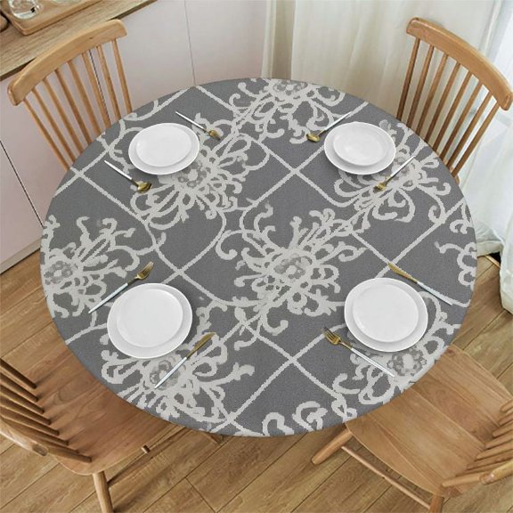 Round Vinyl Fitted Tablecloth with Flannel Backing Elastic Edge Plastic Table Cover Waterproof Table Cloth Stain-Resistant Wipeable