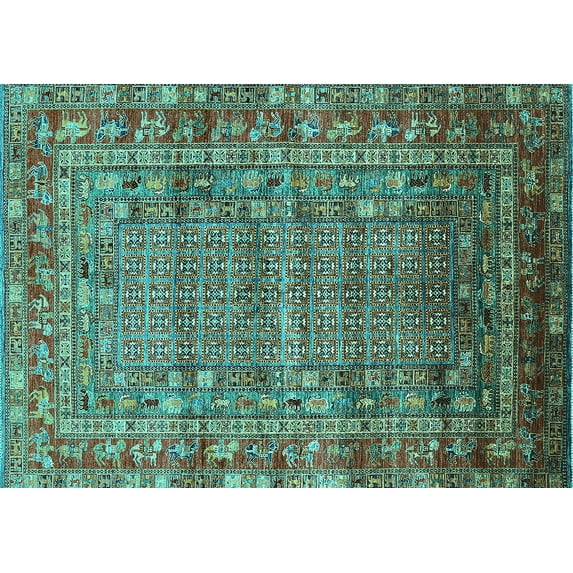 Ahgly Company Machine Washable Indoor Rectangle Oriental Turquoise Blue Industrial Area Rugs, 2' x 3'
