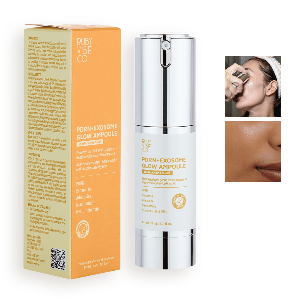 RUBY VIBE CO PDRN+Exosome Glow Ampoule, Hydrating Face Serum with PDRN, Exosome-Inspired Technology, Niacinamide & Hyaluronic Acid, 1.01 fl oz