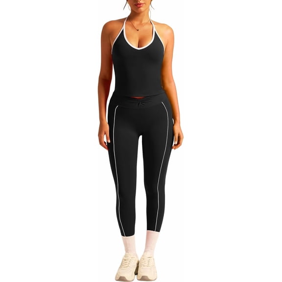 PISONIC Women 2 Piece Workout Sets V Neck Halter Tank Matching Twist Waist Leggings Yoga Pilates Outfits