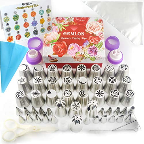 GEMLON Russian Piping Tips Cake Decorating Supplies - 88 Baking Supplies Set - 49 Icing Piping Tips - 3 Russian Ball Piping Tip, Flower Frosting Tips, Bakes Flower Nozzles-Large Cu
