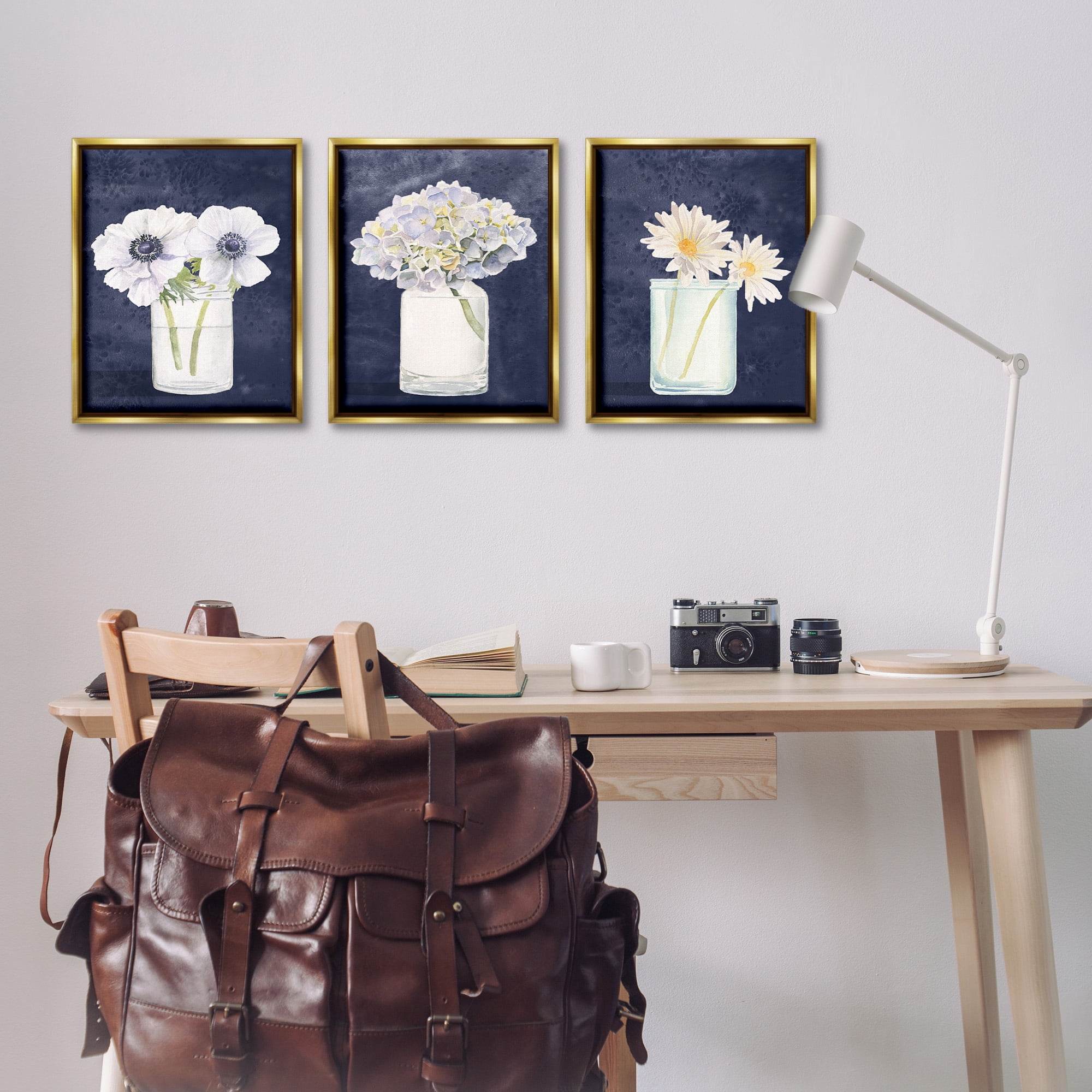 Stupell Industries Navy Blue Flower Bouquets Botanical & Floral Painting Gold Floater Framed Canvas Art Print Wall Art, 17 x 21, Set of 3