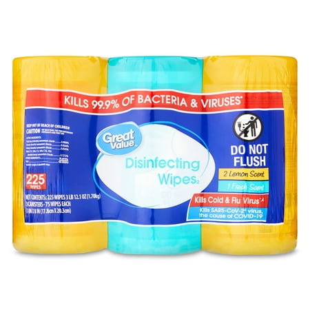 Great Value Disinfecting Wipes, Fresh and Lemon Scent, 225 Wipes