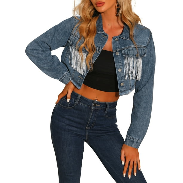 Unique Bargains Women s Crop Denim Jacket Tassel Casual Button Down Long Sleeves Jean Coat Blue M Walmart