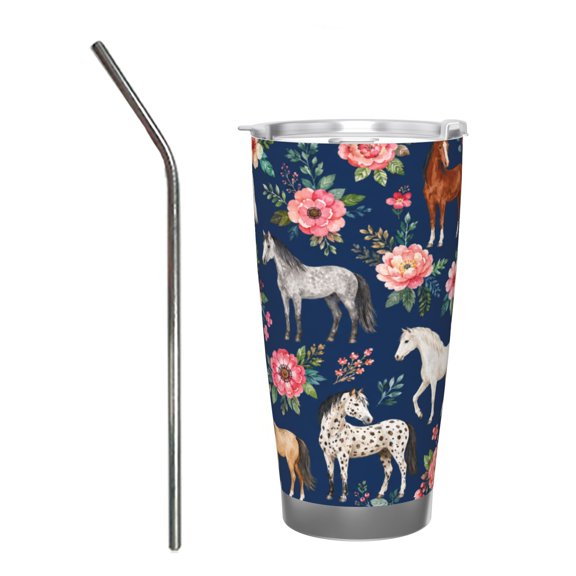 20oz Horse Floral Tumbler Insulated Car Cup Travel Coffee Cup Equestrian Gift for Women with Stainless Steel Straw