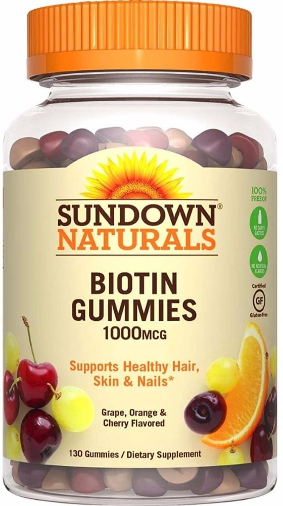 Sundown Naturals Biotin Gummies 1000 mcg, Grape, Orange & Cherry Flavored 130 ea (Pack of 3)