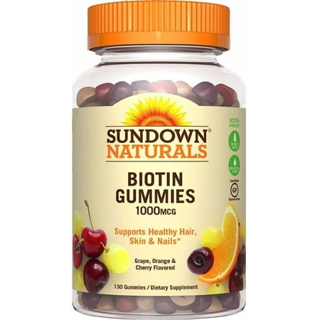 Sundown Naturals Biotin Gummies 1000 mcg, Grape, Orange & Cherry Flavored 130 ea (Pack of 6)