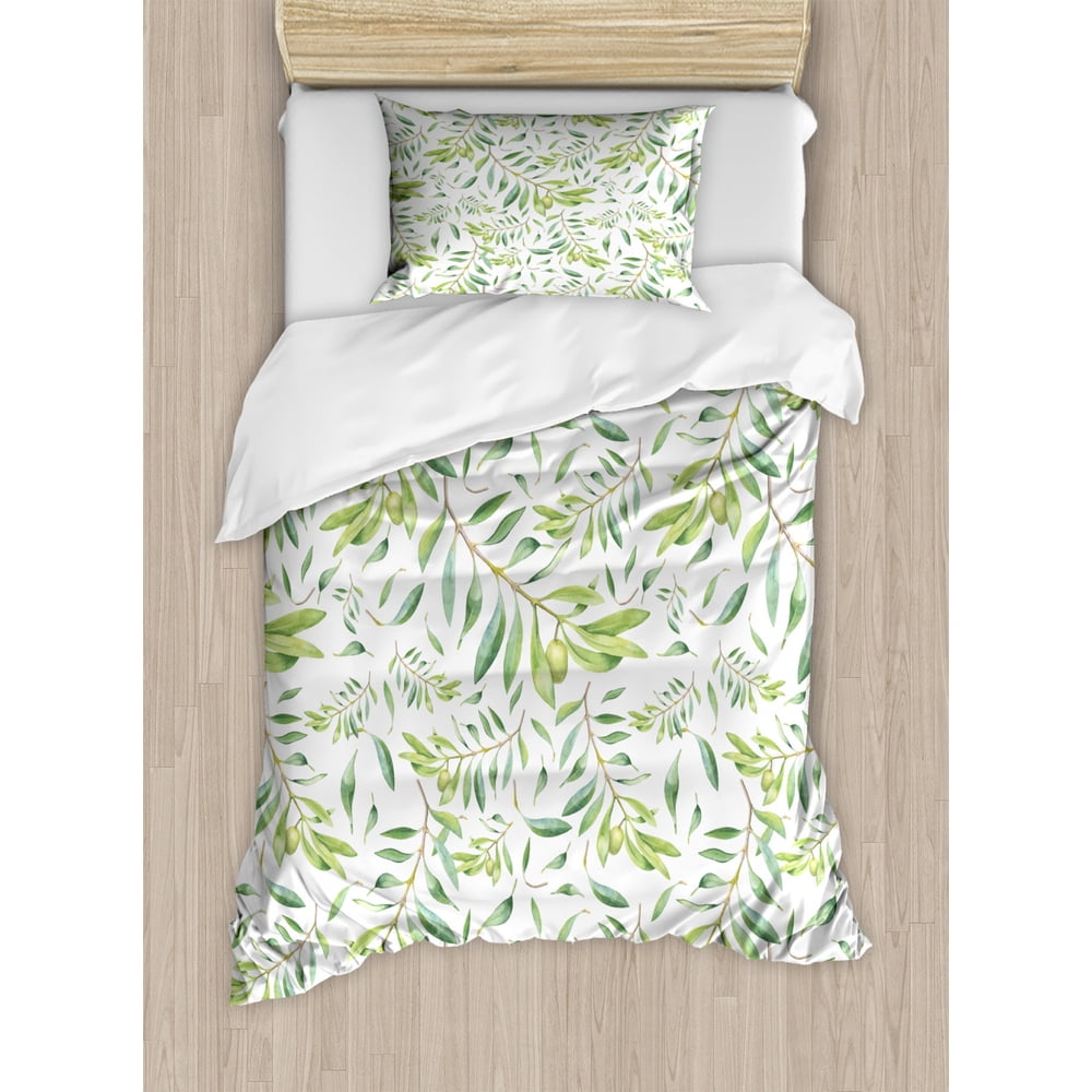 Green Leaf Duvet Cover Set, Watercolor Style Olive Branch Mediterranean