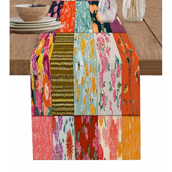 Ldtrchee Spring Floral Table Runner 36 Inches, Colorful Summer Botanical Vintage Plaid Bed Runner Dresser Scarves Tabletop for Indoor Outdoor Parties/Ceremony/Banquet, 13"x 36"
