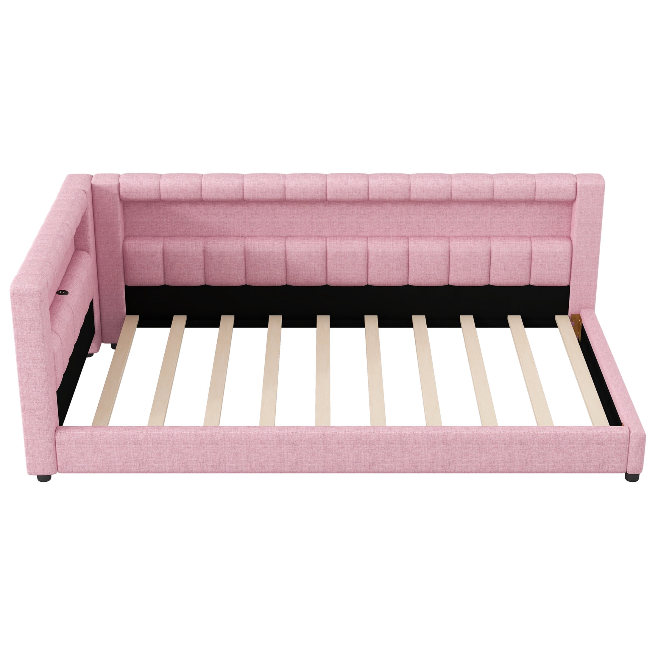 Noble House Dexter Twin XL Linen Upholstered Platform Bed with LED Light Belt and USB Ports, Wood Frame, Pink