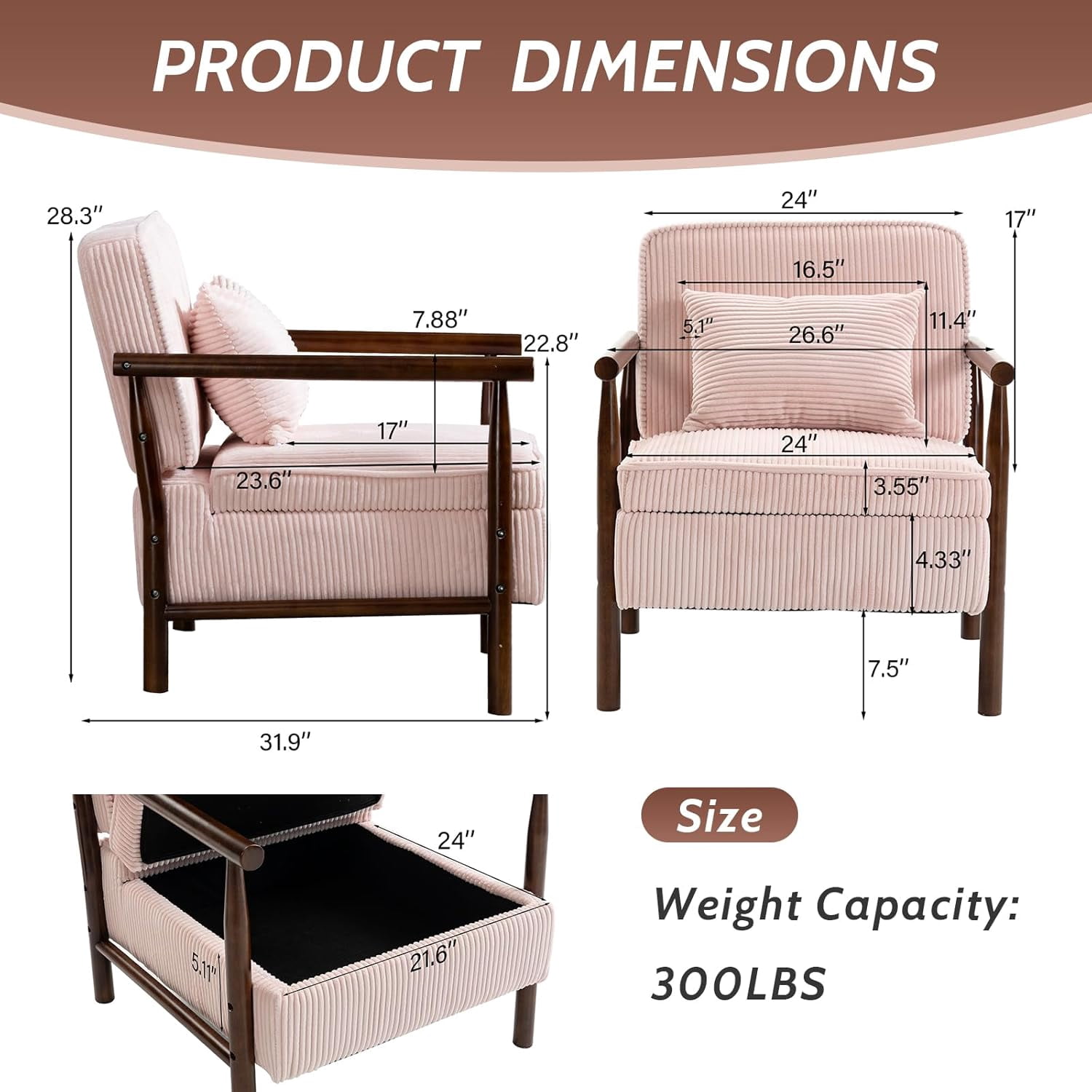 MOONMISS Accent Chair with Hidden Storage, Armchair with Solid Wood Frame, Corduroy Fabric Accent Chair for Living Room,Pink