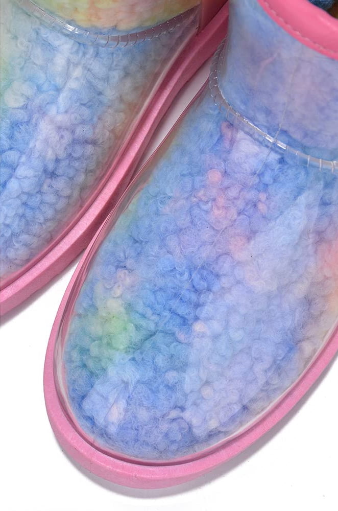 Cape Robbin Women Ankle Snow Rain Boots Flat Platform Warm Fur Clear Leather Lug Sole Waterproof Booties Slip On Round Toe BAYBERRY Multi Colored Rainbow Pinkish Colorful 10