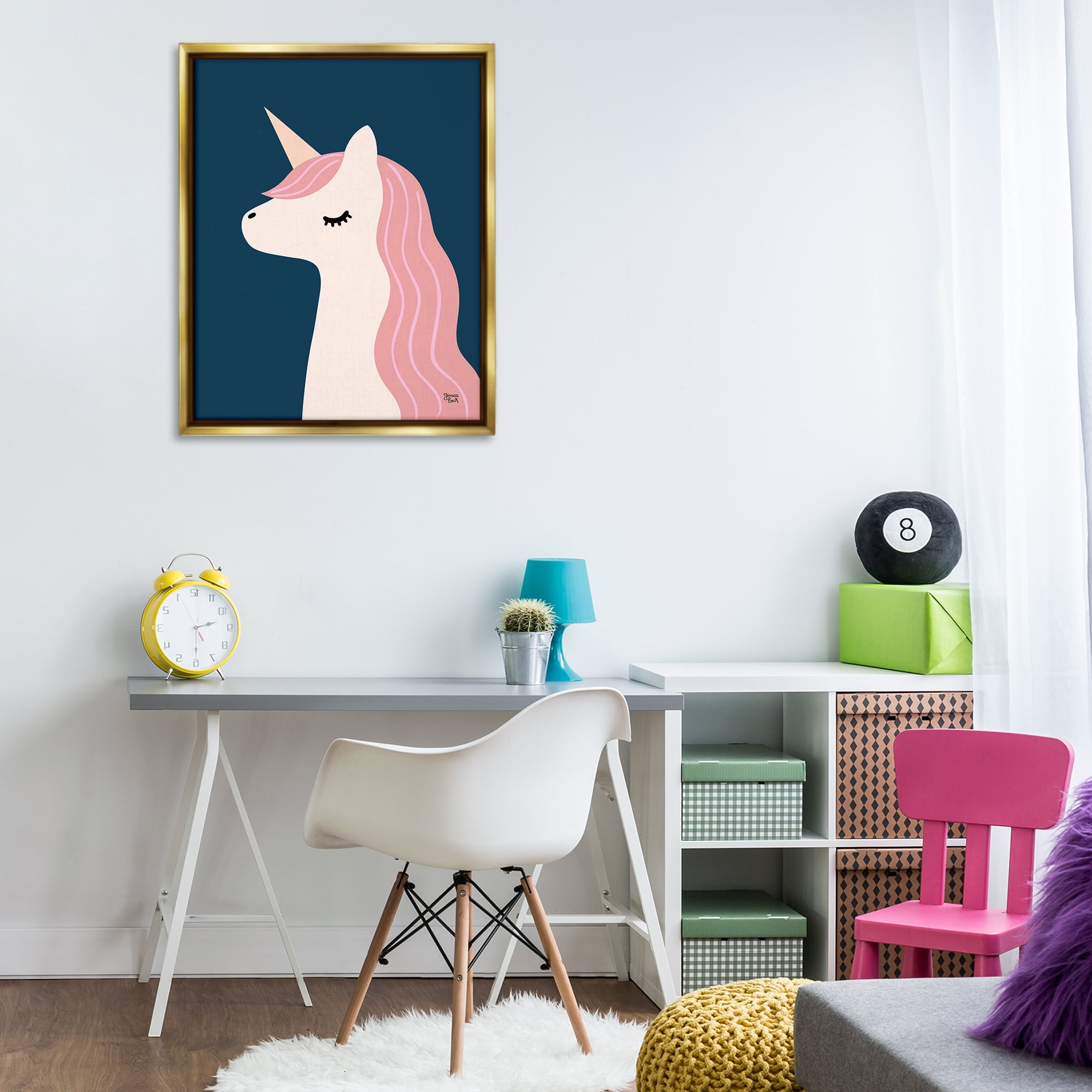 Stupell Industries Relaxed Unicorn on Blue Fantasy & Sci-Fi Painting Gold Floater Framed Canvas Art Print Wall Art, 25 x 31