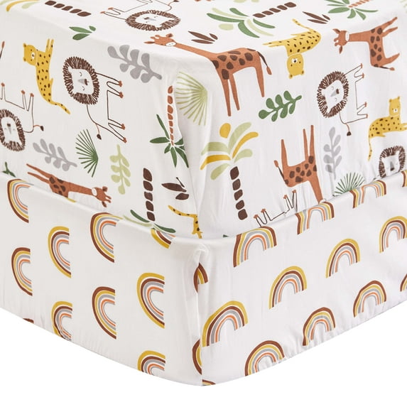 Levtex Baby - Zuma Sheet Set Crib Fitted Sheet - Fits Standard Crib and Toddler Mattress - Jungle Animals / Rainbows - Brown, Green, Grey, Ochre and Cream - Nursery Accessories - 100% Cotton