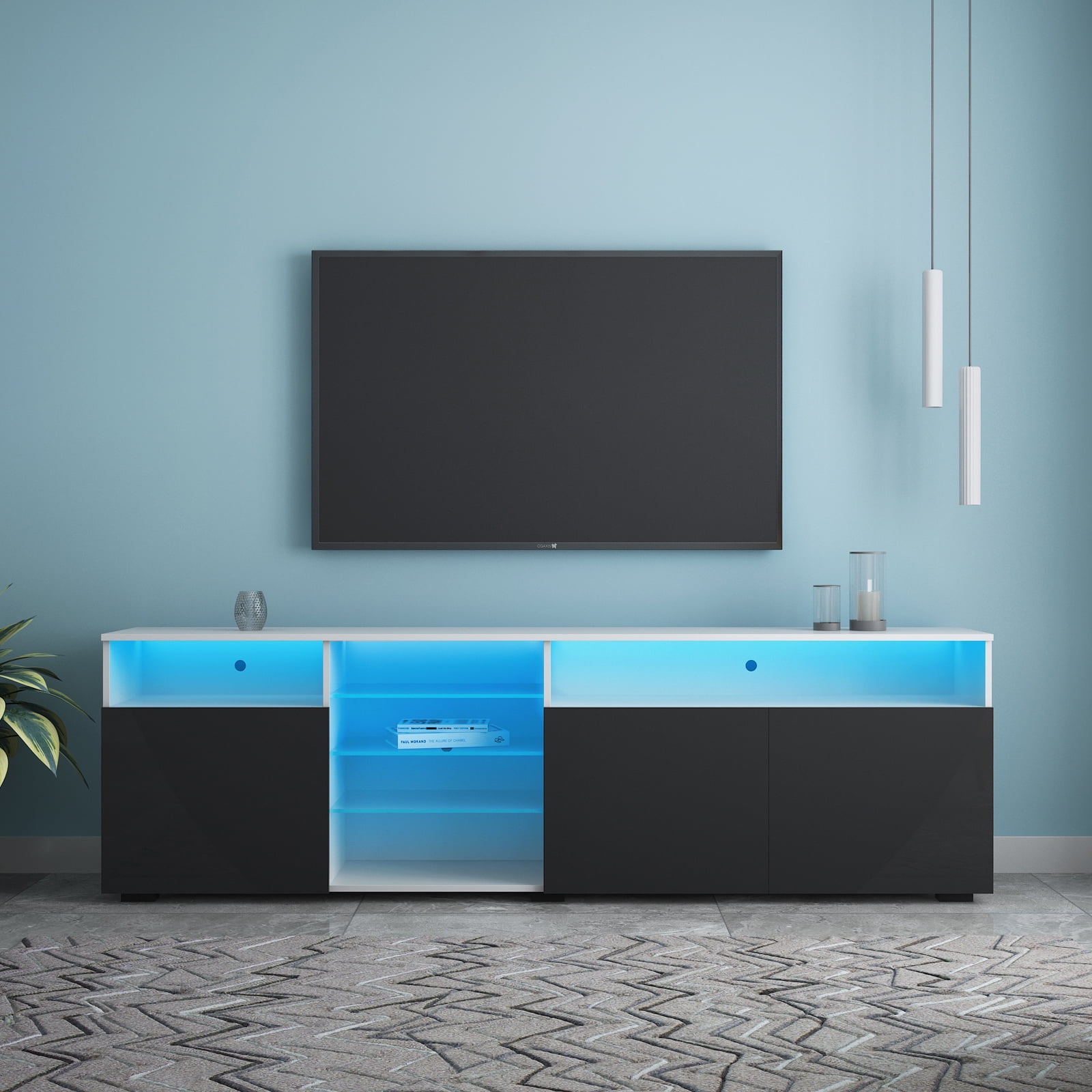 200cm TV Stand Cabinet Wood Entertainment Unit Storage White/Black w/RGB LED 