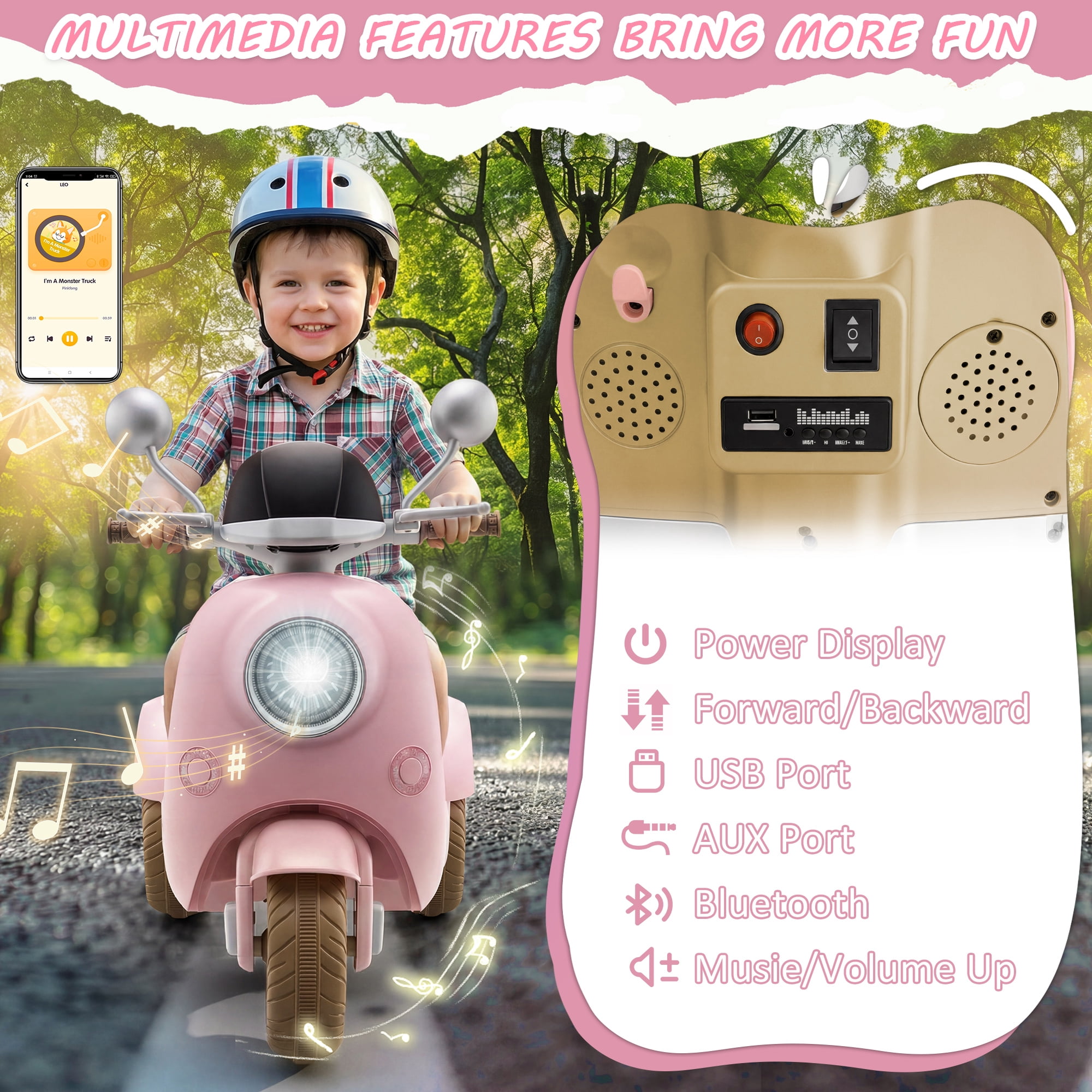 Farmdex 12V Kids Electric Motorcycle, 2 Seater Ride on Toys, 3 Wheel Ride on Motorcycle with Storage Box, USB, Music, LED Lights, Age 2+, Pink