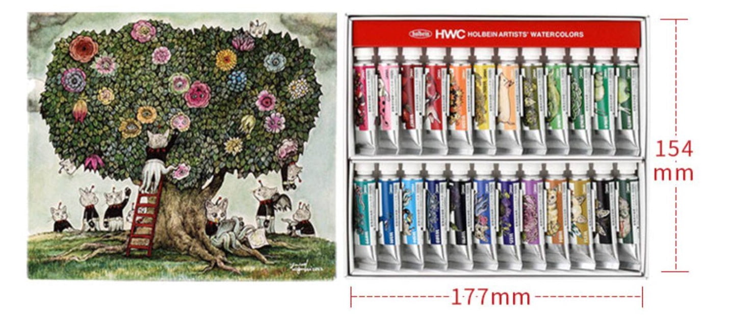 Holbein x Higuchi Yuko Artist Watercolor Paint Set, 24 Colors, 5ml Tubes - Professional HWC Watercolors for Artists & Illustrators
