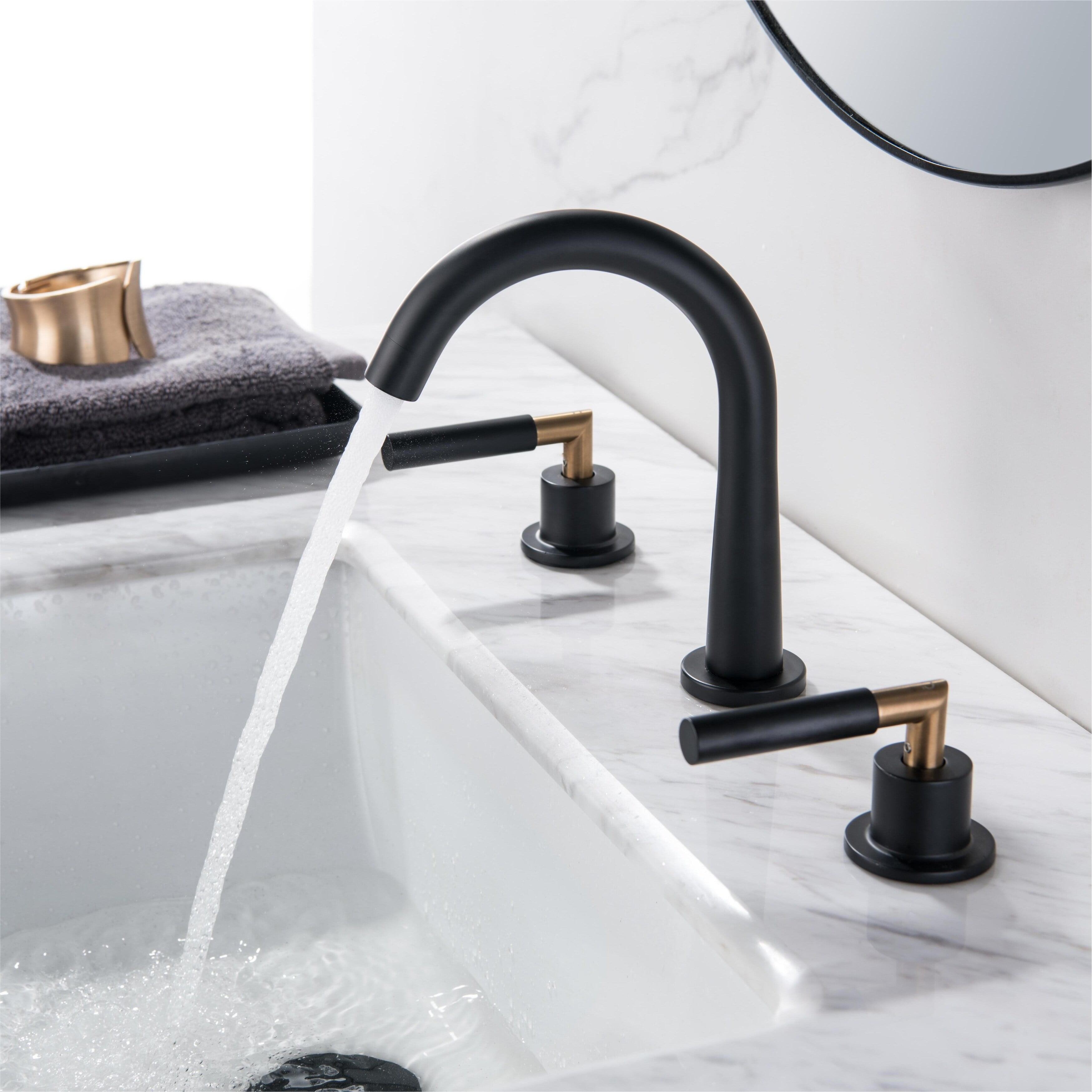 Classic Black 3hole Gooseneck Bathroom Sink Faucet Widespread with 2