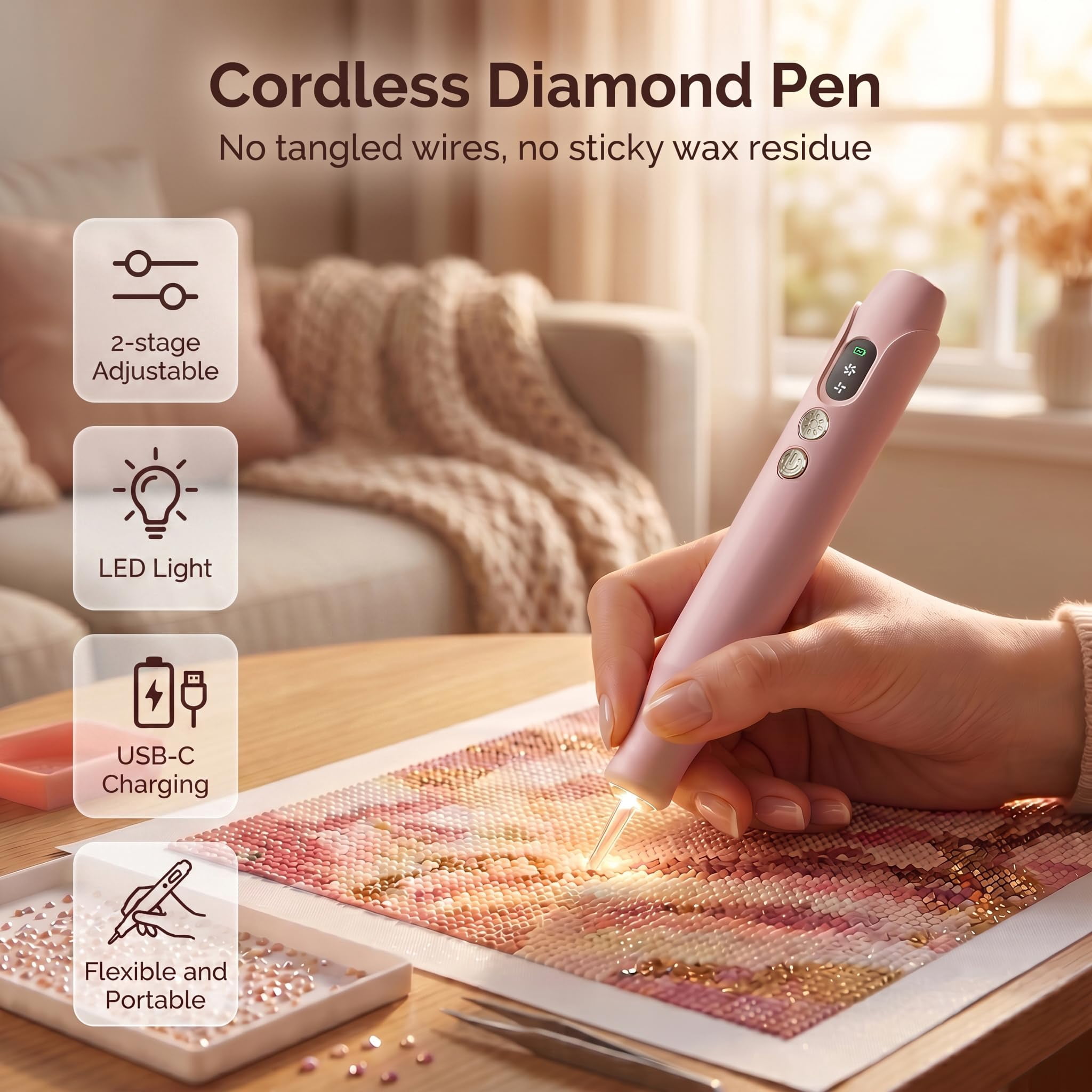 Electric Diamond Art Painting Pen, Cordless Quiet Vacuum Picker, No Wax Needed, 3 Speeds with LED Light, Ergonomic Dot Drill Tool, Diamond Art Accessory for DIY Diamond Painting,pink