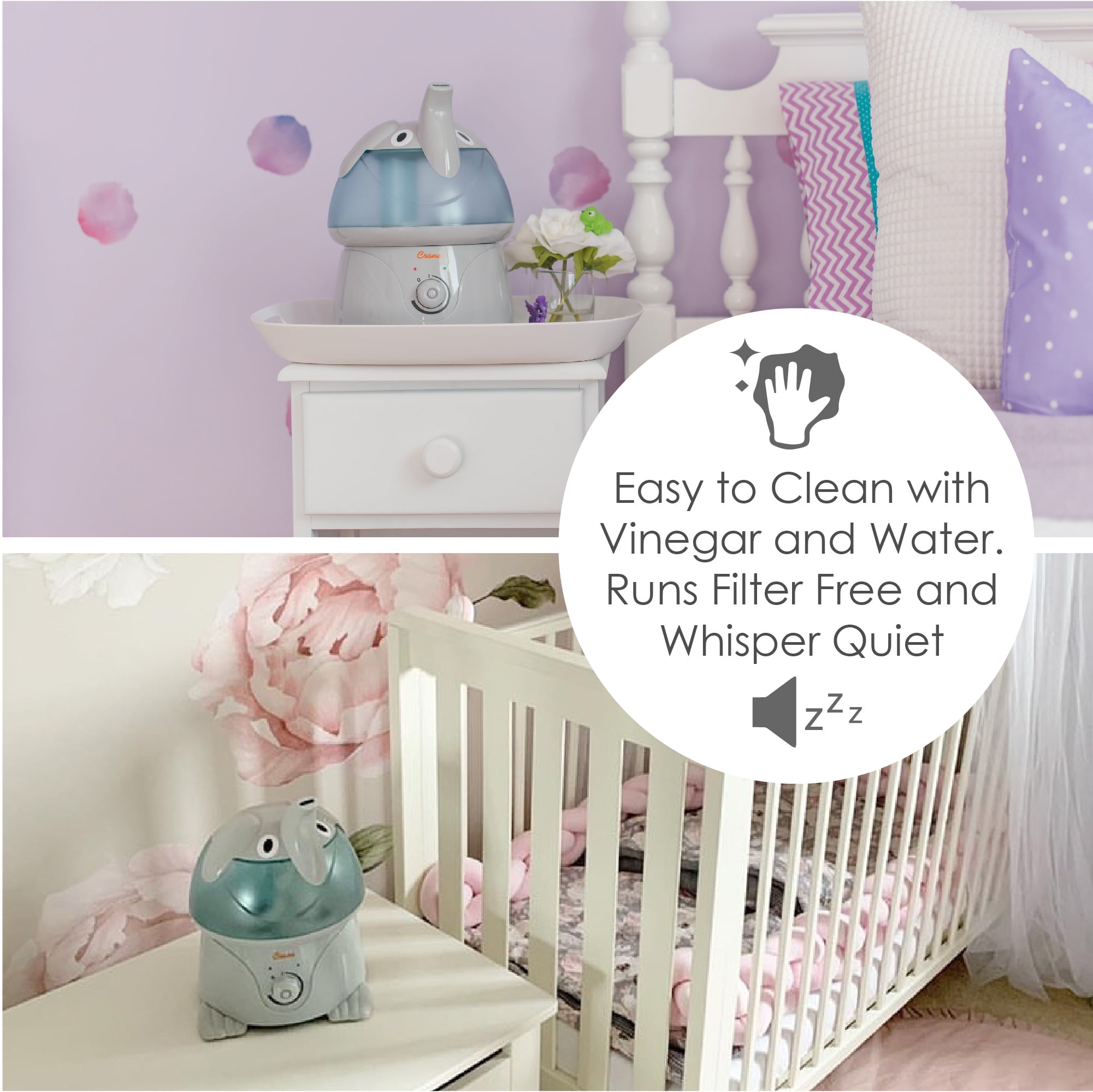 Crane Ultrasonic Elephant Humidifier, 1 Gallon Cool Mist Animal Humidifier for Nursery and Bedroom, Auto Shut-Off, Optional Filter