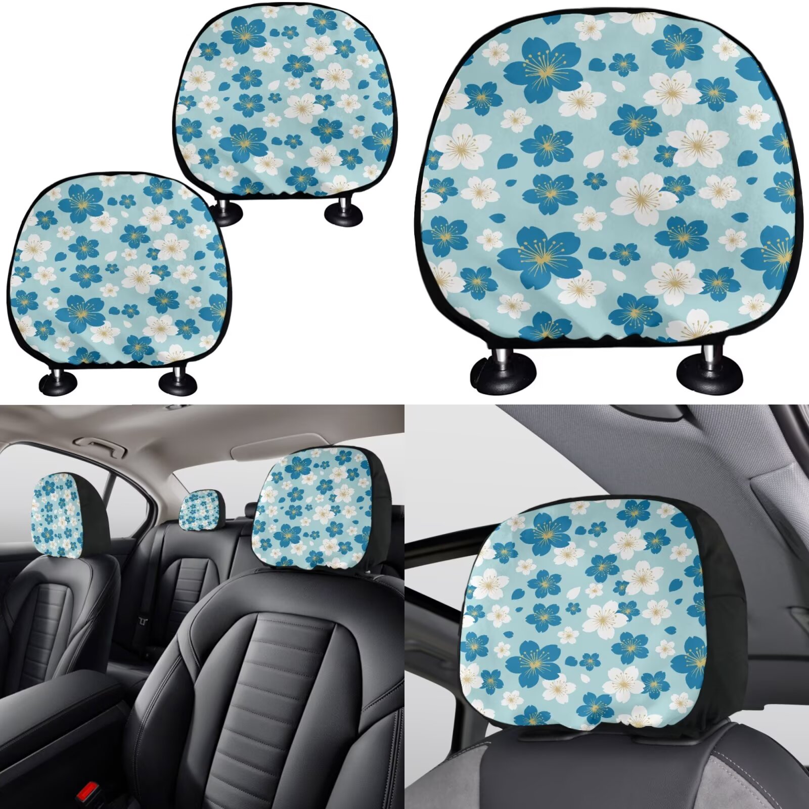Garronmavis Blue Cute Flower Car Seat Covers Full Set, Breathable Air Polyester Car Seat Cover, Steering Wheel Cover Gear Shift Cover Handbrake Cover Headrest Cover Cup Coasters Universal Fit