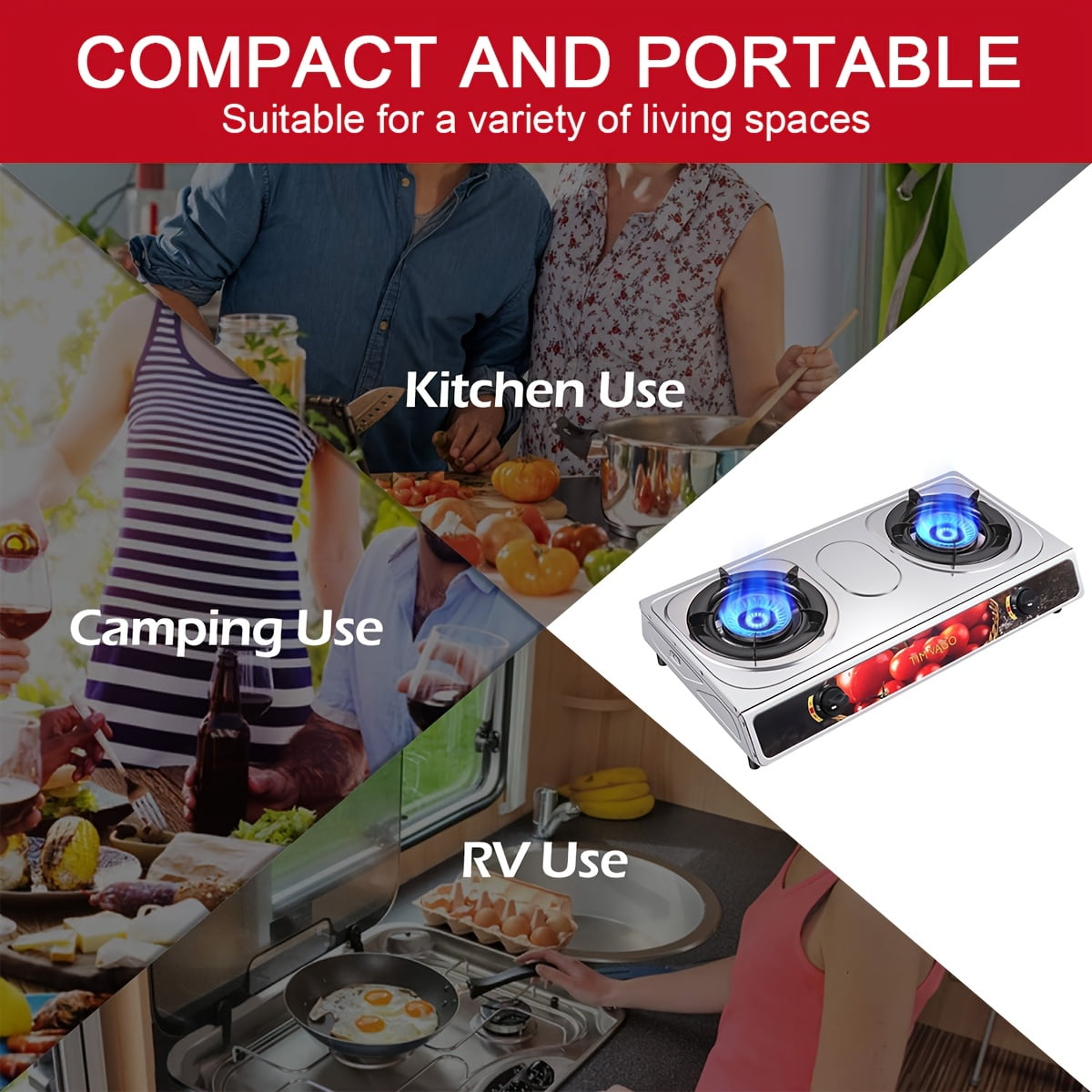 Portable 2 Burner Propane Gas Stove, Stainless Steel Camping Stove with Auto Ignition, Outdoor Cooking Stove with Regulator Hose
