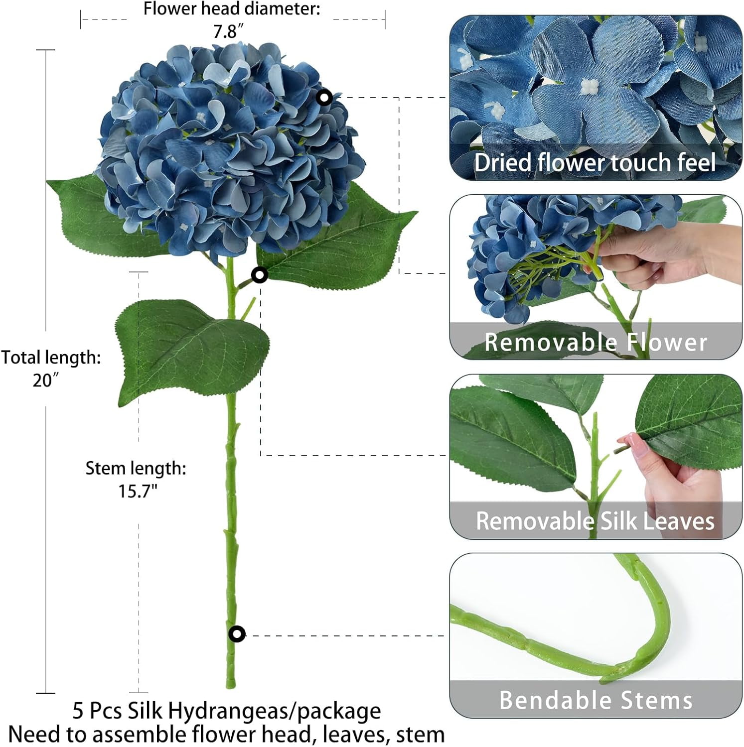Dark Blue Silk Hydrangeas Artificial Flower Boho Dried Touch Faux Hydrangeas for Indoor Home Decor Kitchen Living Room Outdoor Porch Wedding Flower Arrangement