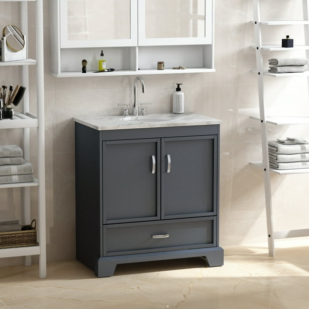 Bathroom Vanity Set With Marble Top And Round Sink 2 Door Cabinet Drawer 30 Small Inches Gray Com Inches Bathroom Sink Cabinet Set, Bathroom Vanity Set With Top