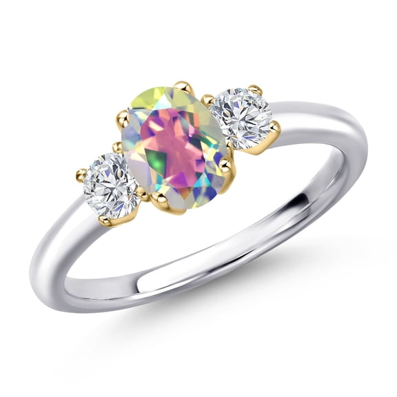 Gem Stone King 925 Silver and 10K Yellow Gold Mercury Mist Mystic Topaz and Lab Grown Diamond Engagement Ring for Women | 1.34 Cttw | Oval 7X5MM | Gemstone November Birthstone | Size 7