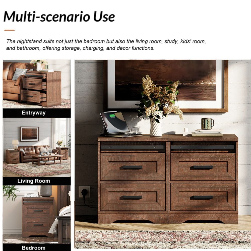 WAMPAT Farmhouse TV Stand with Charging Station and USB Ports for TVs up to 110" TVs,3 in 1 Wood Entertainment Center with 10 Drawers and Adjustable Shelves for Living Room, Rustic Brown