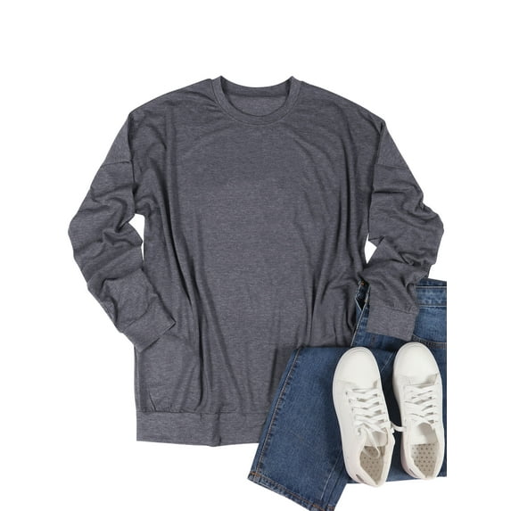 TWZH Women Casual Solid Color Crew Neck Long Sleeve Pullover Top