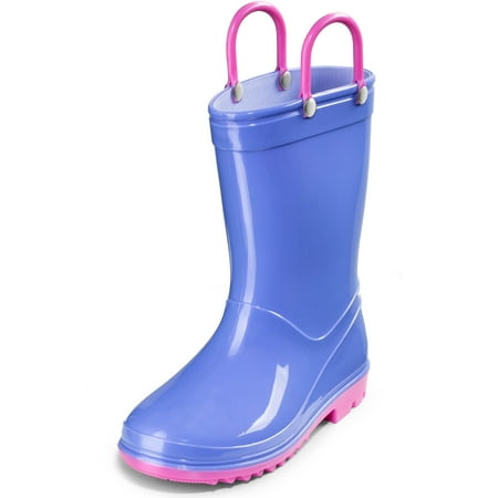 

Puddle Play Toddler and Kids PVC Rain Boots with Easy On Handles - Boys and Girls Purple Periwinkle and Pink - Size 4 Toddler