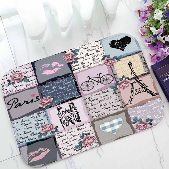 PKQWTM Collage Retro Scrapbook Inscriptions Word Paris Home Decor Floor Mat Area Rug Doormat Size 15.7x23.6 Inches