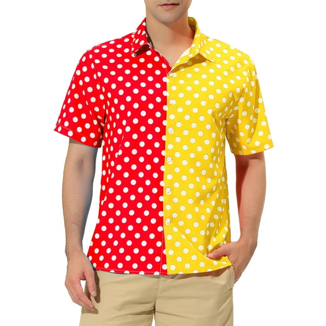 INSPIRE CHIC Men's Summer Polka Dots Patchwork Short Sleeves Button Down Shirts S Red Yellow