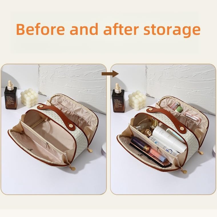 Elegant Women Travel Toiletry Bag , Large Capacity Dual Opening Woven Pattern Waterproof Makeup Cosmetic Bag Travel Organizer-Black